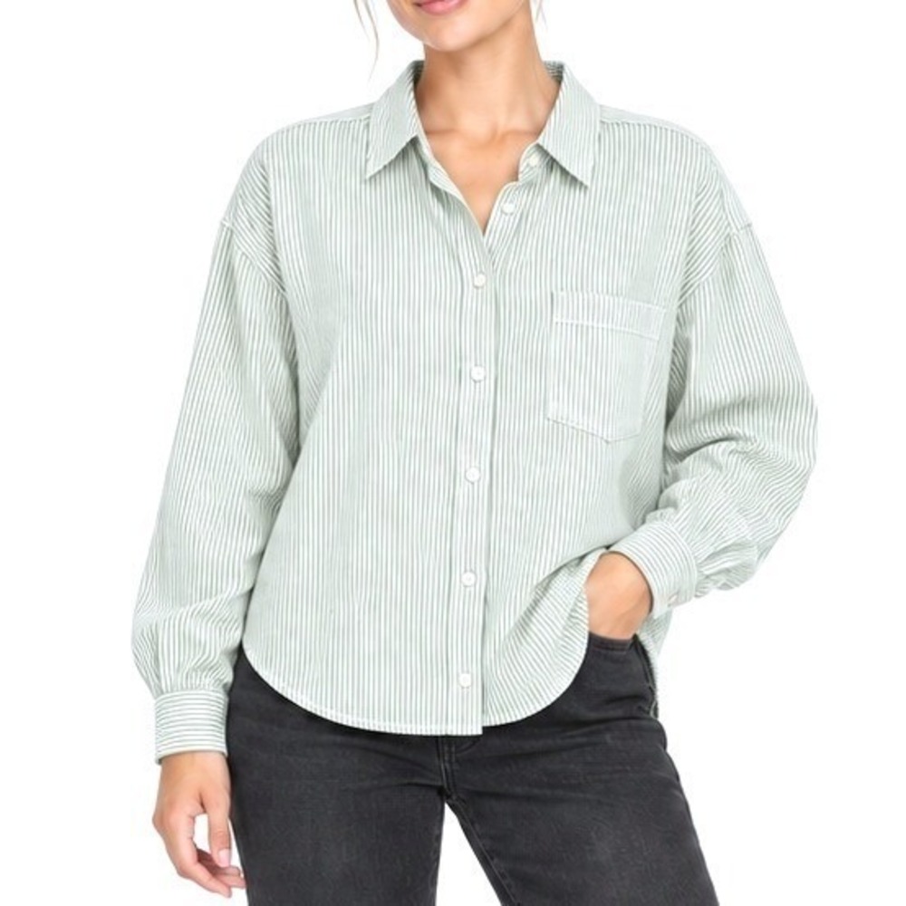 J Jill Linen Shirt Women XL Petite Green Striped Button Down Coastal Relaxed